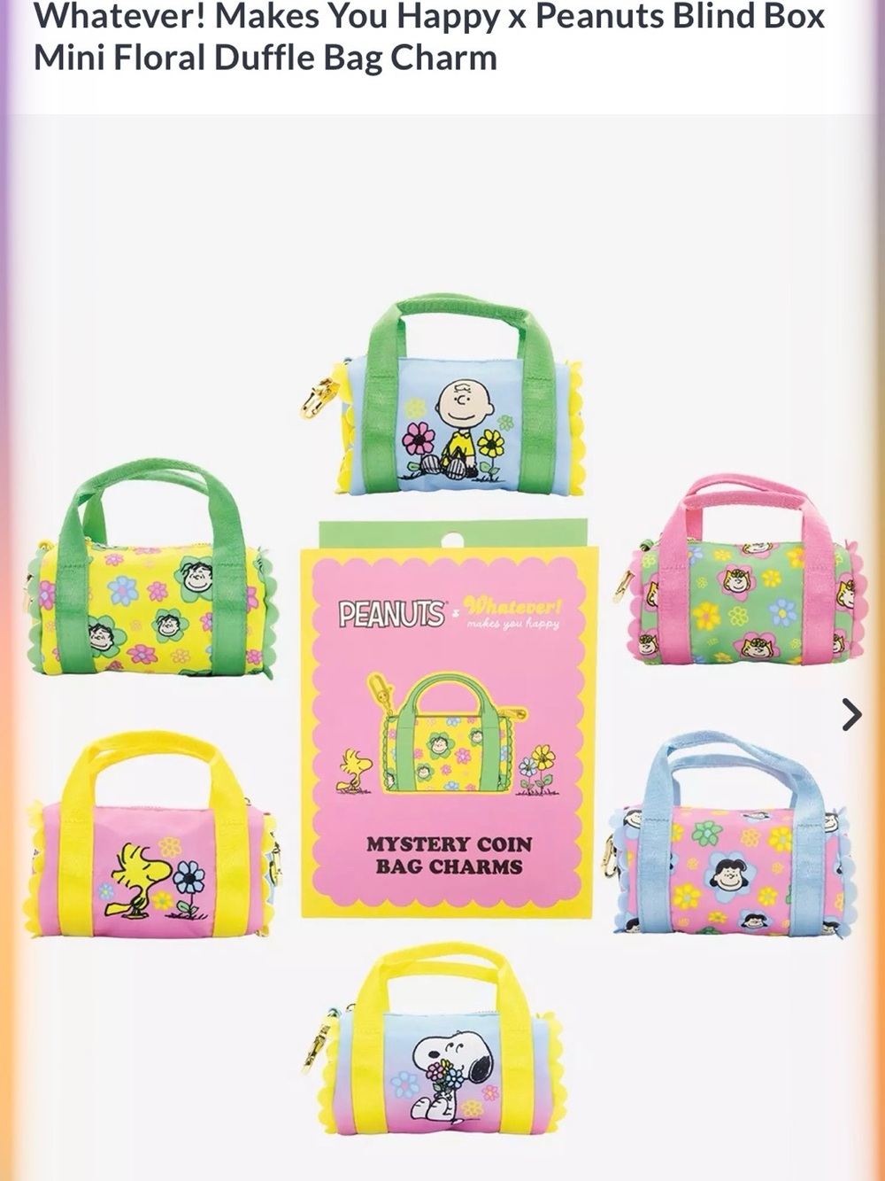 Peanuts x Whatever! Floral Mini Duffle Bag Charm — Pink, Yellow, Green, Blue